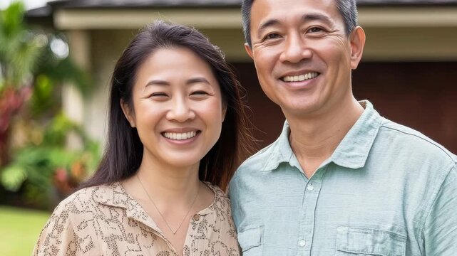 A smiling couple posing together in front of a house with a tiled roof and palm trees in the background.