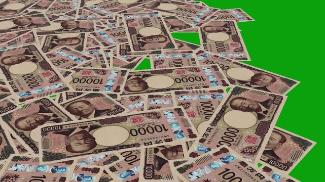 Lots of Japanese yen banknotes. 4k looped video. Smoothly moving Yen banknotes. 10000 Yen Money flying around Animation.  Falling Money Green Screen Animation &mdash; Cash Rain Effect Video