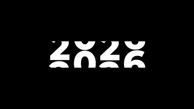 Happy New Year 2026 countdown animation. Minimalist white typography on black background. Spinning numbers transition to future concept. Digital odometer rolling effect.