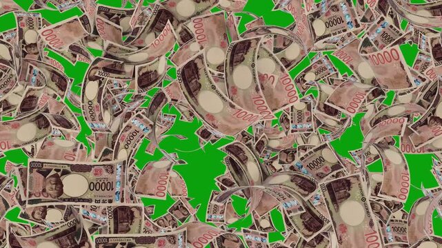Lots of Japanese yen banknotes. 4k looped video. Smoothly moving Yen banknotes. 10000 Yen Money flying around Animation.  Falling Money Green Screen Animation &mdash; Cash Rain Effect Video
