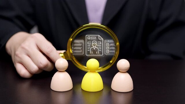 HR manager holding magnifying glass selecting candidate resume icon over yellow wooden figure, Human resource recruitment concept.