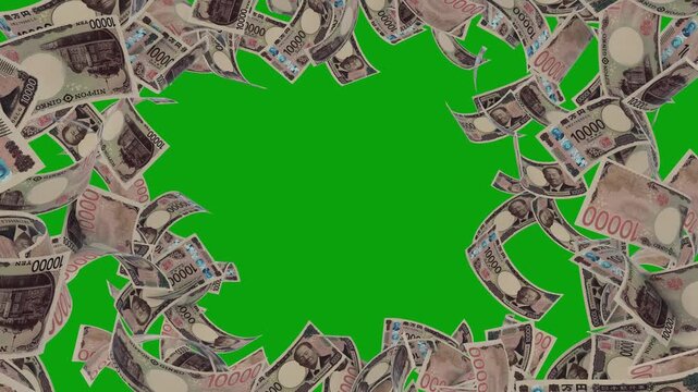 Lots of Japanese yen banknotes. 4k looped video. Smoothly moving Yen banknotes. 10000 Yen Money flying around Animation.  Falling Money Green Screen Animation &mdash; Cash Rain Effect Video