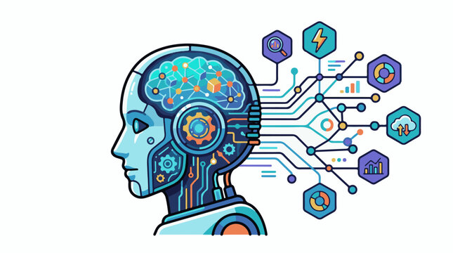 Futuristic robot head connected to a network of data icons