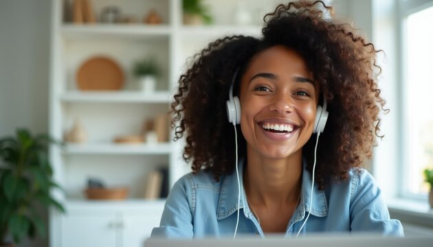 Smiling Black woman wears headphones, listens to music, studies online. She works on laptop at home, enjoys modern remote lifestyle. Girl studies remotely, learns new skills with audio.