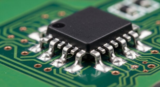 Close-up of microchip on circuit board with metal pins and green wiring