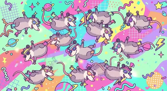 Cartoon opossums dancing and having a vibrant 90s retro party on a colorful abstract background, full of playful energy and fun.