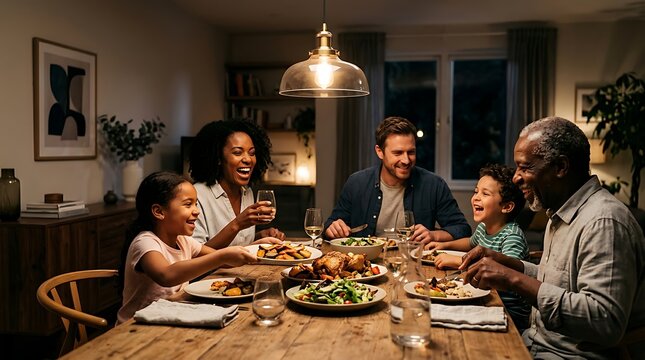 Multi-generational diverse family enjoying a warm dinner at home
