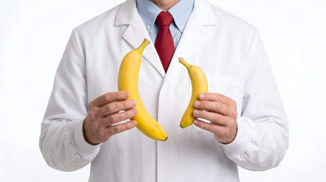 Faceless doctor wearing a white lab coat and red tie holding and comparing a large and small banana against a white background