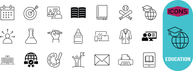 Fototapeta premium Education learning academic line icons. book icon set, graduation cap icon set, school icon set