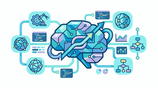 Geometric brain network processing data with upward arrow symbolizing growth and development