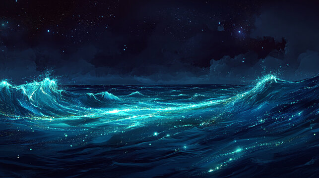 A peaceful night scene of a fluorescent ocean illuminated by bioluminescent plankton, with glowing trails in the water as the gentle waves roll in, creating an otherworldly ambiance.
