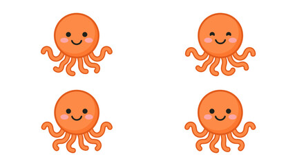 Four identical smiling orange octopus characters on white. © quote