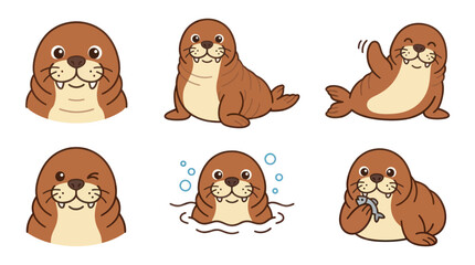 Friendly brown walrus character set with various expressions. © quote
