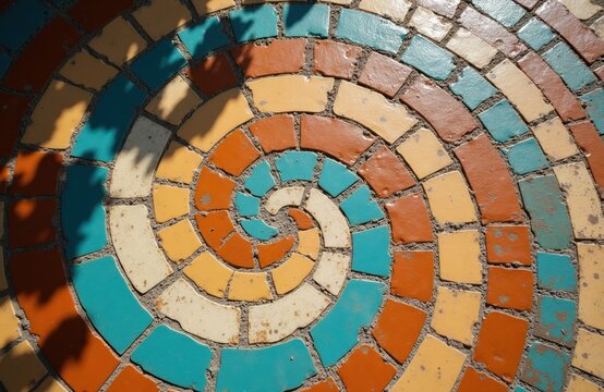 Close-up photo of a circular mosaic pattern with a spiral design. The colorful tiles in orange, yellow, and teal are arranged in concentric circles creating a vibrant abstract background texture.