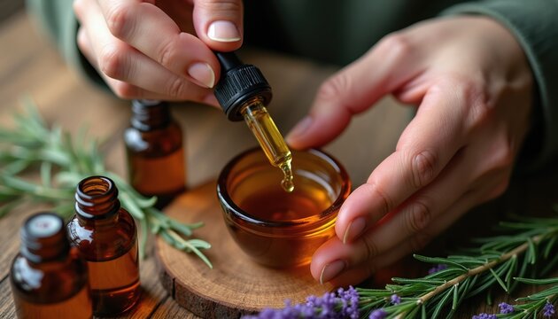 Woman drops essential oil from pipette into small bowl. Amber bottles and herbs like rosemary lavender nearby on wood table. Natural aromatherapy preparation.