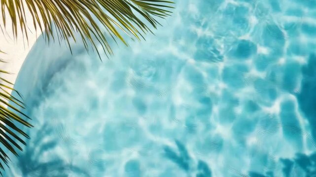 A tranquil pool scene with vibrant blue water and palm leaves framing the view.