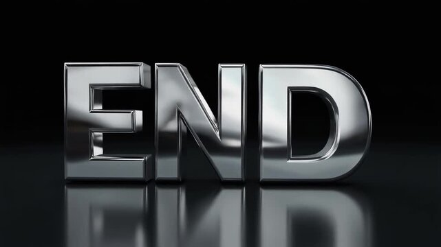 黒背景でゆっくりと回転する金属質なクロームメッキのENDテキスト