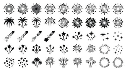 Fireworks vector illustration collection featuring diverse bursts, star patterns, rocket shapes, palm effects, constellation designs, festive celebration, black line drawings, holiday, festival art © Stockify
