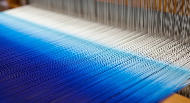 Weaving threads on a loom creating fabric texture