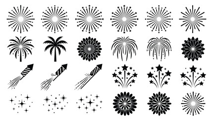 Fireworks vector illustration collection featuring diverse bursts, star patterns, rocket shapes, palm effects, constellation designs, festive celebration, black line drawings, holiday, festival art © Stockify