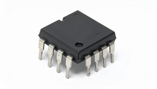 Close-up of electronic microchip component with metal pins