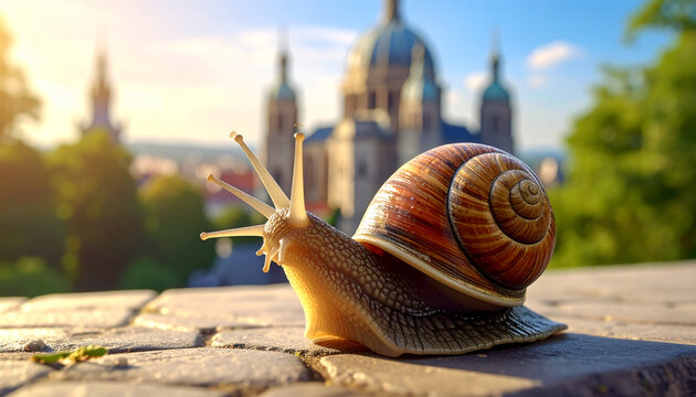 Snail on brick wall with blurred church and trees in background