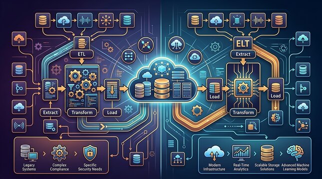 Data processing workflow infographic comparing etl and elt methods