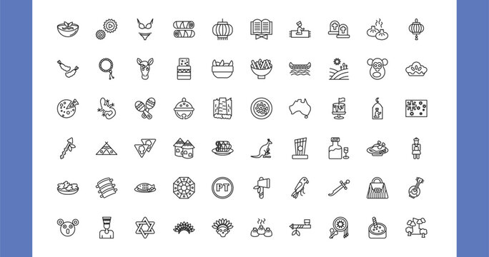 outline culture icons set - gazpacho, ajotomate, egg roll, australian koala. editable vector for web and mobile ui