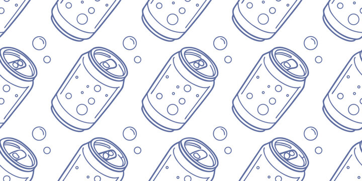 Hand drawn soda can seamless pattern with playful line art beverage illustration. Cute repeating soft drink design creates a fun modern background. Vector artwork for packaging, fabric and branding.