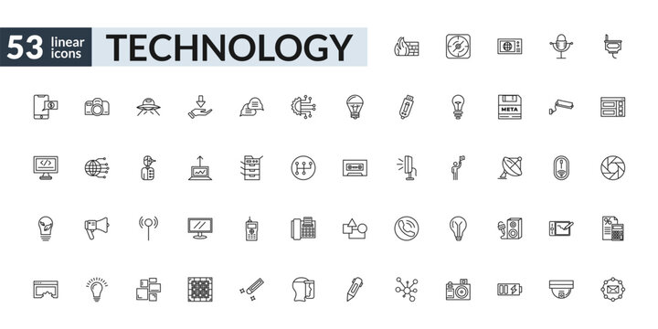 outline technology icons set - firewalls, growth hacking, antenna, email marketing. editable vector for web and mobile ui