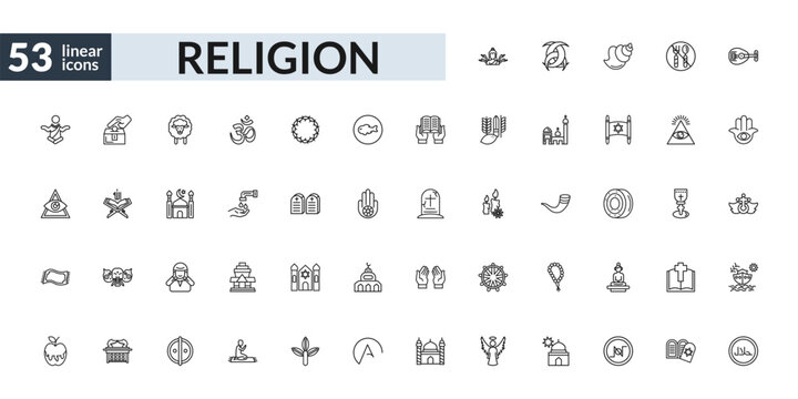 outline religion icons set - shiva, wudu, adhan call, halal. editable vector for web and mobile ui