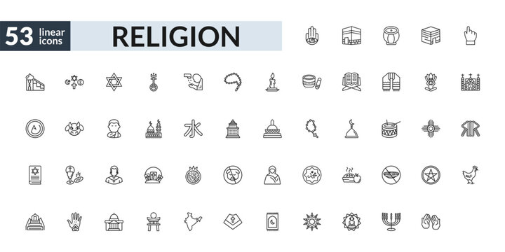 outline religion icons set - hamsa, buddhist monk, communion, muslim praying hands. editable vector for web and mobile ui