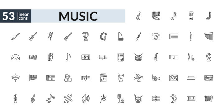 outline music icons set - ukelele, music note, stave, accordion. editable vector for web and mobile ui
