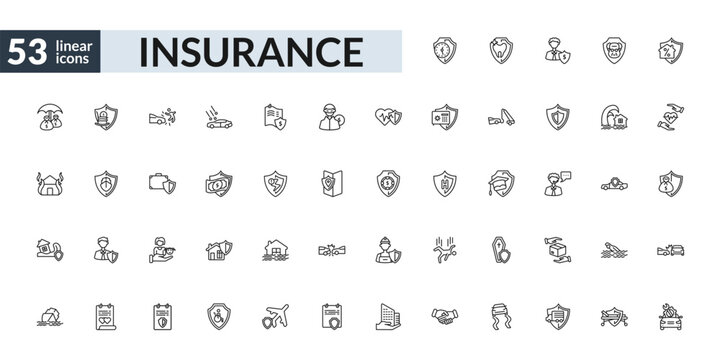 outline insurance icons set - long term protection, money insurance, familiar insurance, vehicle repair. editable vector for web and mobile ui