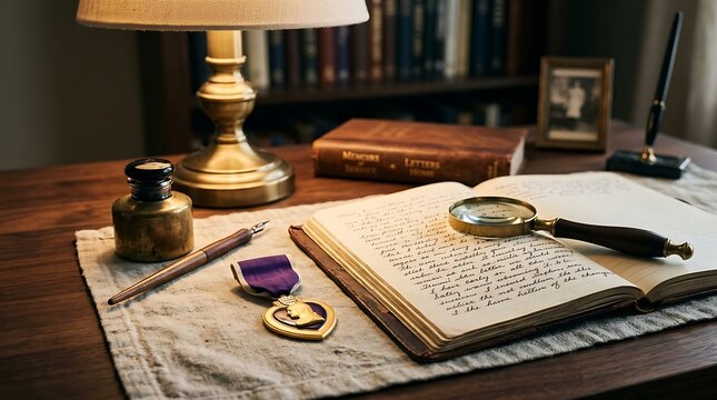 Vintage desk with handwritten journal military medal and lamp