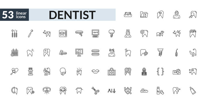 outline dentist icons set - dental plaque, denture, examination, toothpaste tube. editable vector for web and mobile ui