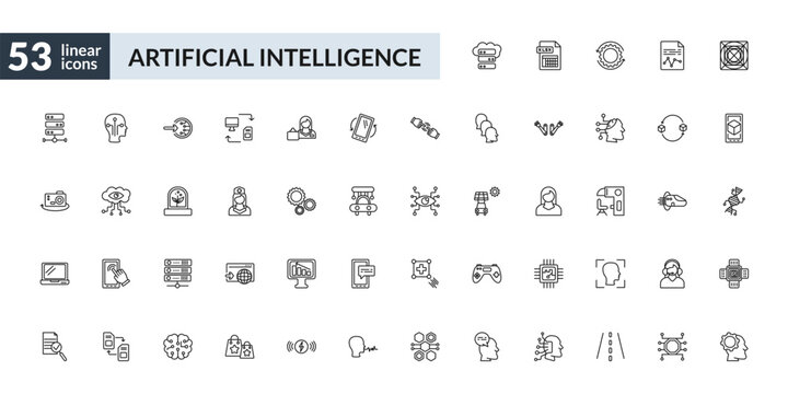 outline artificial intelligence icons set - storage, nurse, servers, teaching. editable vector for web and mobile ui