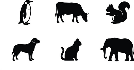 Minimalist wild and domestic animals black silhouettes collection containing penguin cow squirrel dog cat and elephant vectors © Md
