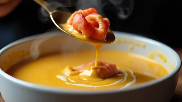 Lobster bisque being ladled into white bowl with cream swirl, steam rising, dark fine dining bokeh