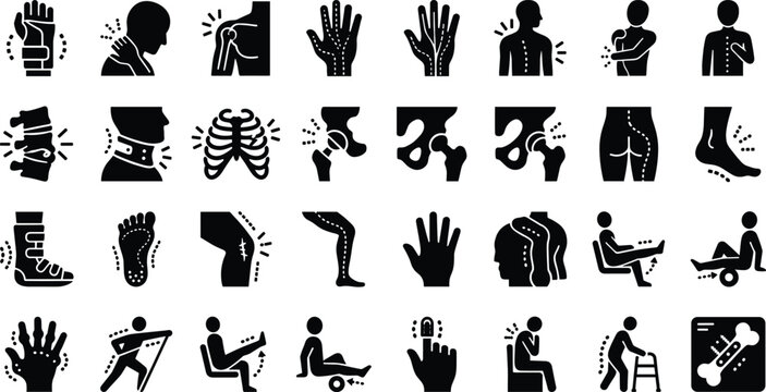 Orthopedic bone injury and physical therapy icon set isolated on white background for medical rehabilitation clinic logo