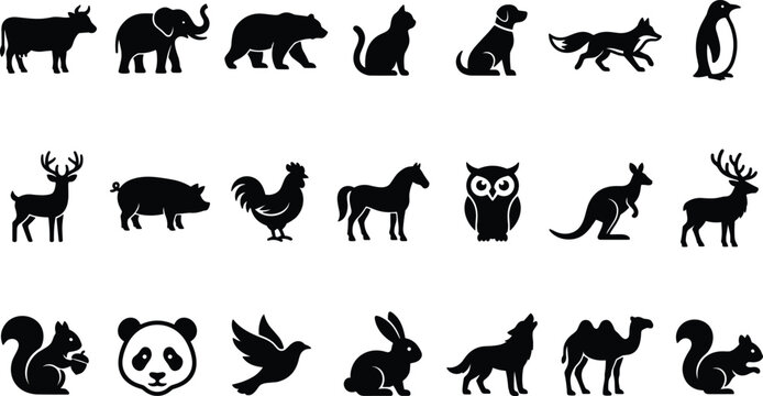 Wild and domestic animals black silhouettes big collection containing cow elephant bear cat dog fox and penguin vectors