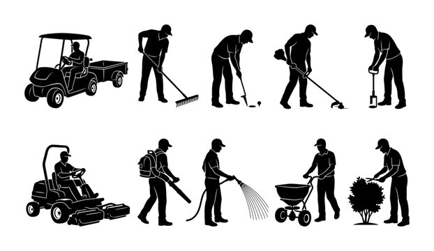 Lawn Care Worker Silhouette Set Gardening And Landscaping Job