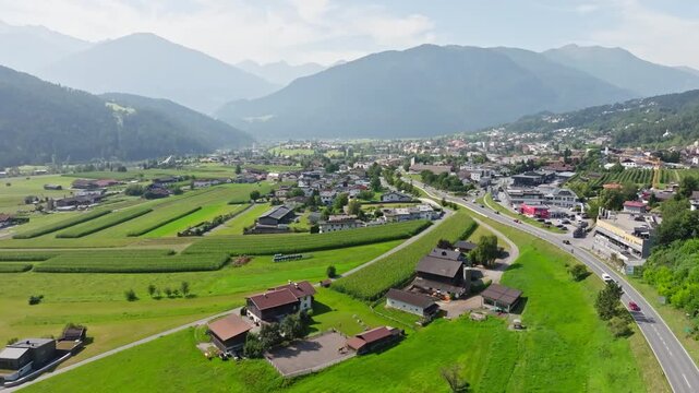 Scenic aerial view of the village of Tarrenz in Austria with traditional alpine buildings majestic mountain peaks and peaceful valleys in Tyrol
