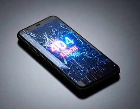 Broken smartphone displaying a digital 404 error message.
