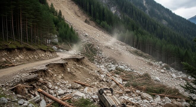 Landslide on mountain road with trees and rocks debris