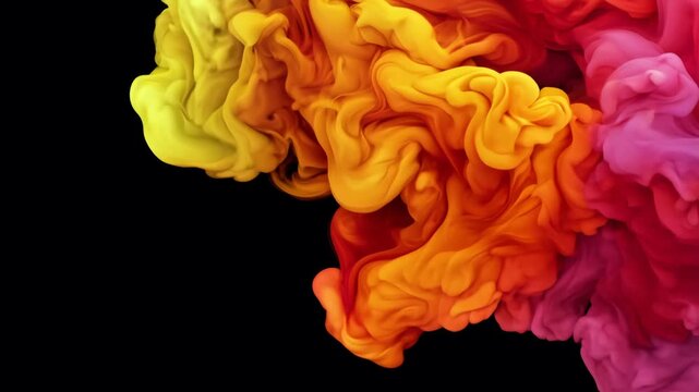 Vibrant smoke in shades of purple, pink, and orange swirling against a dark black background. 4k Video footage.