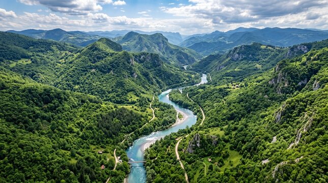 Aerial view of a winding alpine river flowing through a lush green valley surrounded by majestic snow capped mountain peaks under a bright summer sky