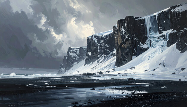 Snowy mountain landscape with icy cliffs and dark water