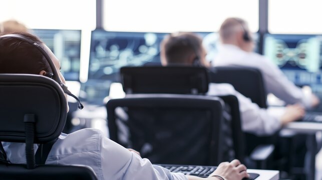Mission Control Team Wearing Headsets Monitoring Data on Computer Screens
