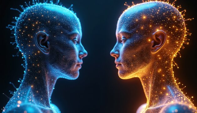 Two human heads face each other made of glowing particles and circuits. Digital intelligence connects brains. Futuristic communication network shows mind data exchange. Cyberpunk AI concept.